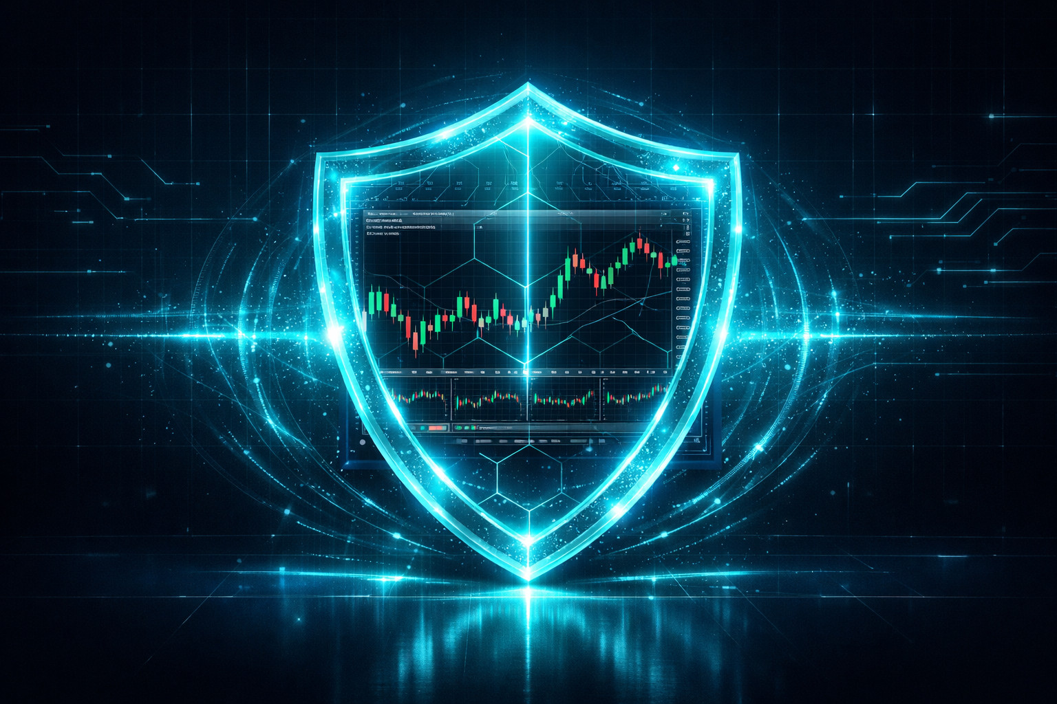Cyan shield protecting a trading terminal