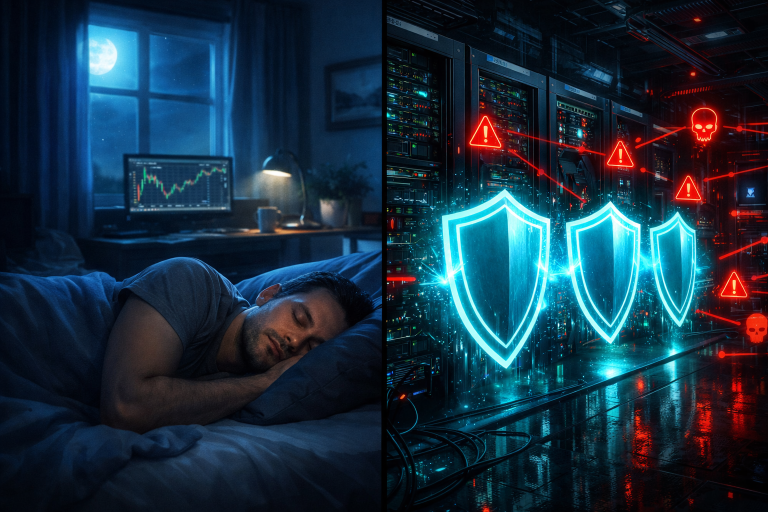 Split scene: trader sleeping peacefully while VPS shields fight off threats