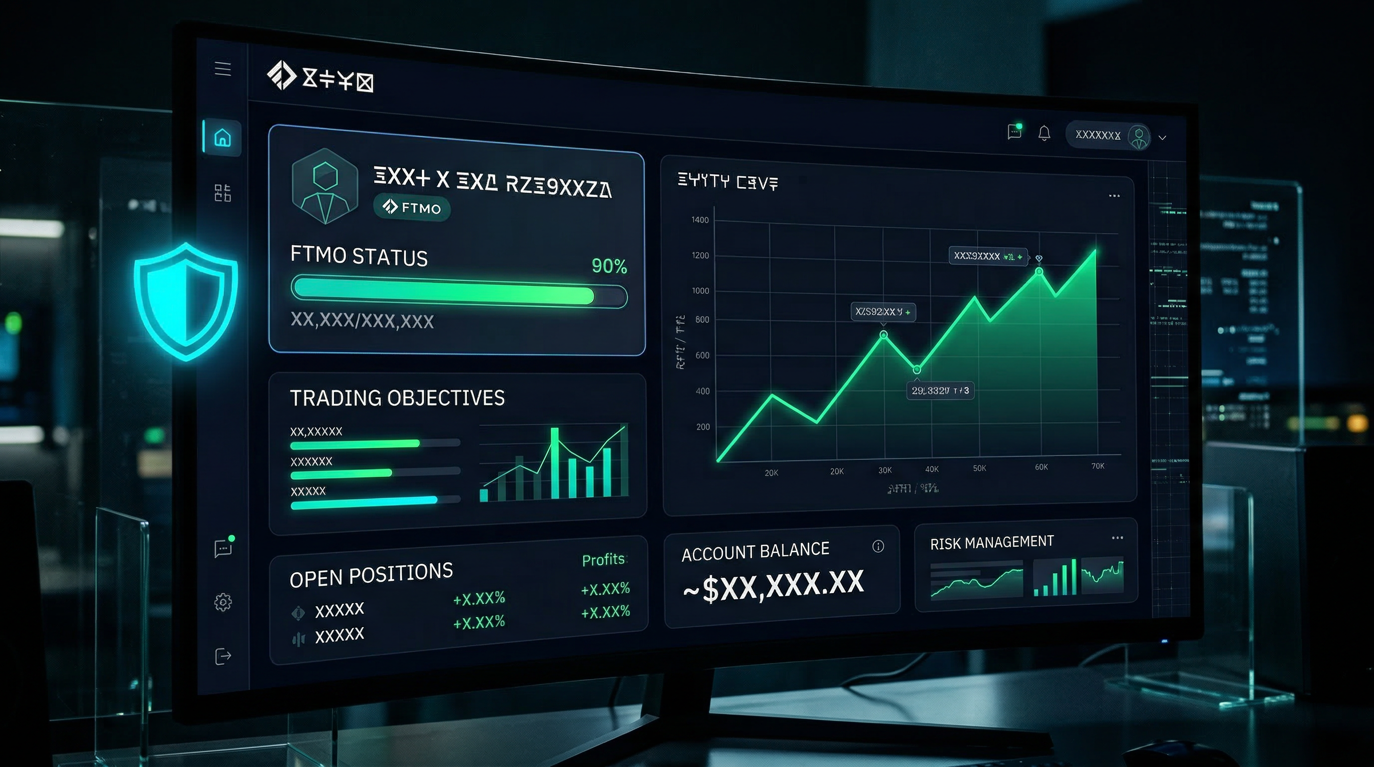 Prop firm challenge dashboard with FTMO progress and equity protection